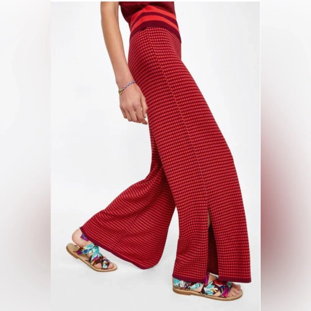 Zara Knit High Waist Two Tone Stretchy Flared Leg Size Small‎ Red Purple Retro - Picture 3 of 11